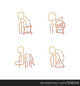Spinal problems gradient linear vector icons set. Backbone diseases and traumas. Severe disabilites. Pathologic scoliosis. Thin line contour symbols bundle. Isolated outline illustrations collection. Spinal problems gradient linear vector icons set