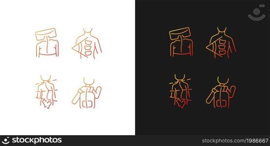 Spine curvature measure gradient icons set for dark and light mode. Spinal curve testing method. Thin line contour symbols bundle. Isolated vector outline illustrations collection on black and white. Spine curvature measure gradient icons set for dark and light mode
