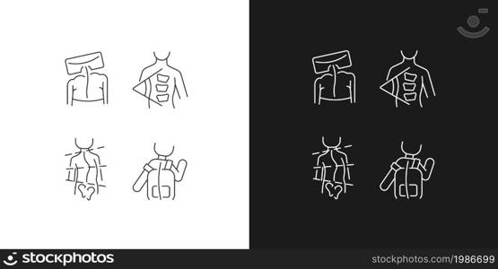 Spine curvature measure linear icons set for dark and light mode. Cobb angle. Spinal curve testing method. Customizable thin line symbols. Isolated vector outline illustrations. Editable stroke. Spine curvature measure linear icons set for dark and light mode