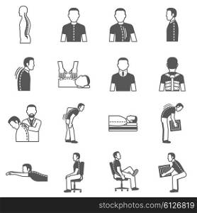 Spine Diseases Black Icons. Prevention and treatment spine diseases black isolated icons set vector illustration