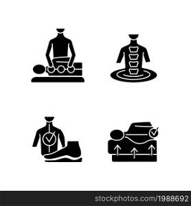 Spine problems prevention black glyph icons set on white space. Manual therapy and exercises. Orthotics foot pads. Orthopedic spine mattress. Silhouette symbols. Vector isolated illustration. Spine problems prevention black glyph icons set on white space