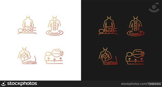 Spine problems prevention gradient icons set for dark and light mode. Orthopedic spine mattress. Thin line contour symbols bundle. Isolated vector outline illustrations collection on black and white. Spine problems prevention gradient icons set for dark and light mode