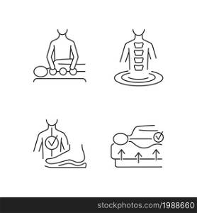 Spine problems prevention linear icons set. Manual therapy and exercises. Orthotics. Spine mattress. Customizable thin line contour symbols. Isolated vector outline illustrations. Editable stroke. Spine problems prevention linear icons set