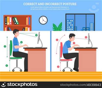 Spine Sitting Postures Illustration. Young man demonstrating correct and incorrect sitting postures for healthy spine while working on computer flat vector illustration