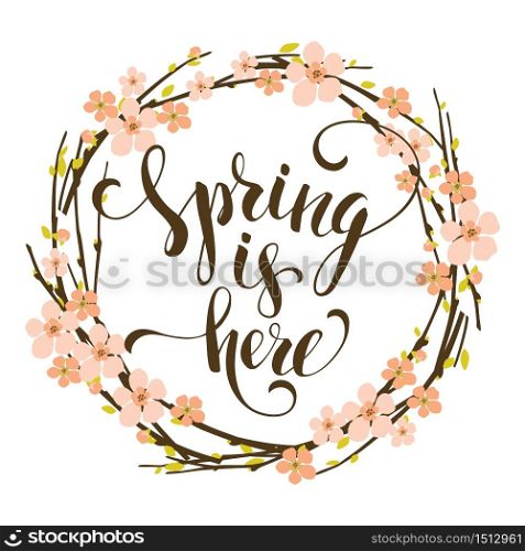 Sping is here. Lettering design with flowering branches. Vector illustration.. Sping is here. Lettering design with flowering branches.