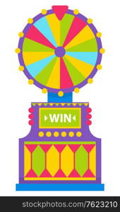 Spinning fortune wheel with pointer vector, isolated game machine for gambling and winning money. Addiction of gaming on finance, win and lose in casino. Flat cartoon. Fortune Wheel Spin to Win, Game Machine Spinning