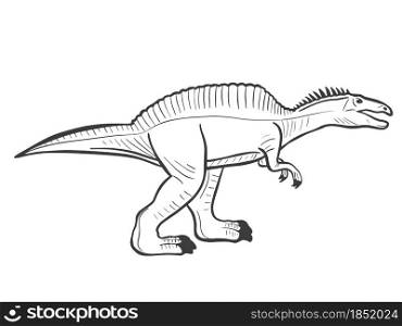 Spinosaurus sketch vector illustration. Prehistoric extinct animal predator. Hand engraving.. Spinosaurus sketch vector illustration.