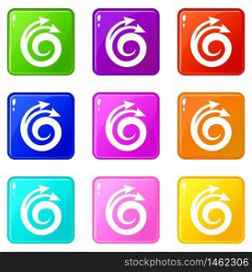 Spiral arrow, design element icons set 9 color collection isolated on white for any design. Spiral arrow, design element icons set 9 color collection