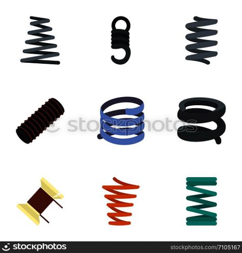 Spiral cable icon set. Flat set of 9 spiral cable vector icons for web design. Spiral cable icon set, flat style