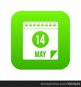 Spiral calendar page, 14th of May icon digital green for any design isolated on white vector illustration. Spiral calendar page 14th of May icon digital green