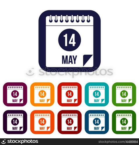 Spiral calendar page, 14th of May icons set vector illustration in flat style In colors red, blue, green and other. Spiral calendar page 14th of May icons set flat