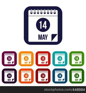 Spiral calendar page, 14th of May icons set vector illustration in flat style In colors red, blue, green and other. Spiral calendar page 14th of May icons set flat