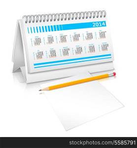 Spiral desk business office calendar planner mockup with pencil and paper sheet vector illustration