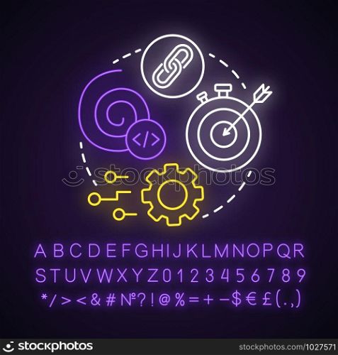 Spiral development neon light concept icon. Strategy management. Achieving goal. Software system engineering idea. Glowing sign with alphabet, numbers and symbols. Vector isolated illustration