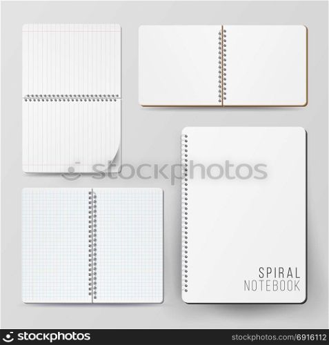 Spiral Empty Notepad Blank Mockup Set. Template For Advertising Branding, Corporate Identity. 3D Realistic Notebook Mockup. Blank Notebook With Clean Cover. Notebook Set With Coil Spiral. Vector Spiral Notepad. Clean Mock Up For Your Design. Vector illustration