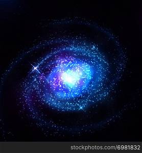 Spiral galaxy in outer space with starry blue sky vector illustration. Spiral galaxy in night starry sky. Spiral galaxy in outer space with starry blue sky vector illustration