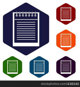 Spiral notepad icons set hexagon isolated vector illustration. Spiral notepad icons set hexagon