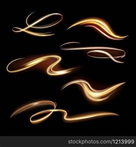 Spiral shining trail. Energy golden flame, glow transparent trails, spiral light effect waves and beautiful light path vector illustration isolated set. vibrant magic power yellow tails. Spiral shining trail. Energy golden flame, glow transparent trails, spiral light effect waves and beautiful light path vector illustration set