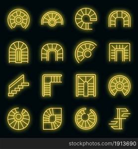 Spiral staircase icons set. Outline set of spiral staircase vector icons neon color on black. Spiral staircase icons set vector neon