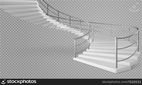 Spiral staircase, white stairs with railings isolated on transparent background. Helical round ladder with metal tube banisters and stone steps. Modern interior design Realistic 3d vector illustration. Spiral staircase white stairs with railings vector
