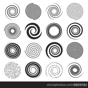 Spiral swirl icons, circle shape lines and twirl symbols, vector circular round motion and hypnotic elements. Spiral swirls in abstract geometric pattern, radial speed lines in twists and whirls. Spiral swirl icons, circle lines and twirl symbols