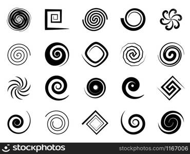 Spiral swirls. Speed circular symbol, twisted swirl elements, psychedelic hypnosis symbols, modern texture art logo vector radial geometric signs. Spiral swirls. Speed circular symbol, twisted swirl elements, psychedelic hypnosis symbols, modern texture art logo vector signs