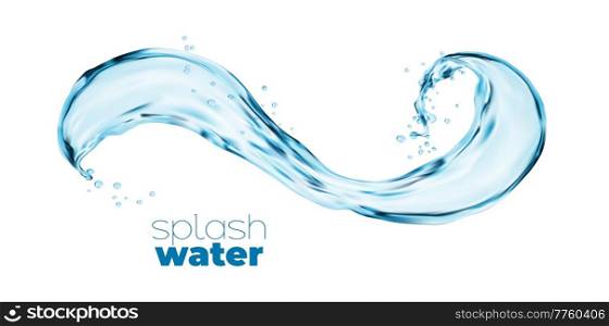 Spiral transparent water wave splash, isolated blue water swirl with drops. Realistic vector flow, liquid splashing aqua dynamic motion with spray droplets, hydration element, fresh 3d drink. Spiral transparent water wave splash, blue water
