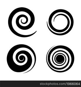 Spirals. Circle black twirl different forms, twisted swirl silhouette. Abstract wave curve shape pictogram, creative round logo, decorative element for stamp, brush texture vector isolated icons set. Spirals. Circle black twirl different forms, twisted swirl silhouette. Abstract wave curve shape pictogram, creative round logo, decorative element brush texture vector isolated icons set