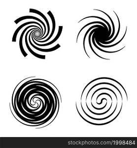 Spirals. Circular wave elements, psychedelic hypnosis symbols. Abstract twisted swirl waves curve shape pictogram, black silhouettes for creative round logo, emblem or label. Vector isolated icons set. Spirals. Circular wave elements, psychedelic hypnosis symbols. Abstract twisted swirl waves curve shape pictogram, black silhouettes for creative round logo or label. Vector isolated icons set
