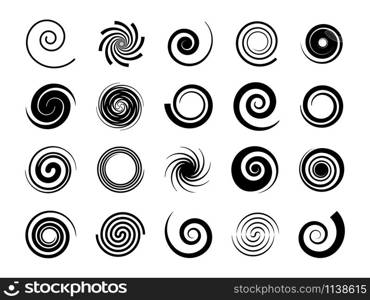 Spirals. Twisted swirl, circle twirl and circular wave elements, psychedelic hypnosis symbols, black geometric digital drawing, vector graphic swirling shape set. Spirals. Twisted swirl, circle twirl and circular wave elements, psychedelic hypnosis symbols, black geometric digital drawing, vector set