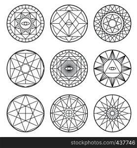 Spiritual alchemy vector symbols. Medieval geometry sacred vector logos. Mystic geometry religion sing collection illustration. Spiritual alchemy vector symbols. Medieval geometry sacred vector logos