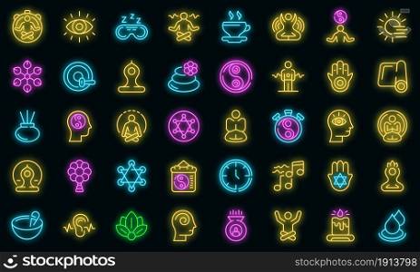 Spiritual practices icons set. Outline set of spiritual practices vector icons neon color on black. Spiritual practices icons set vector neon