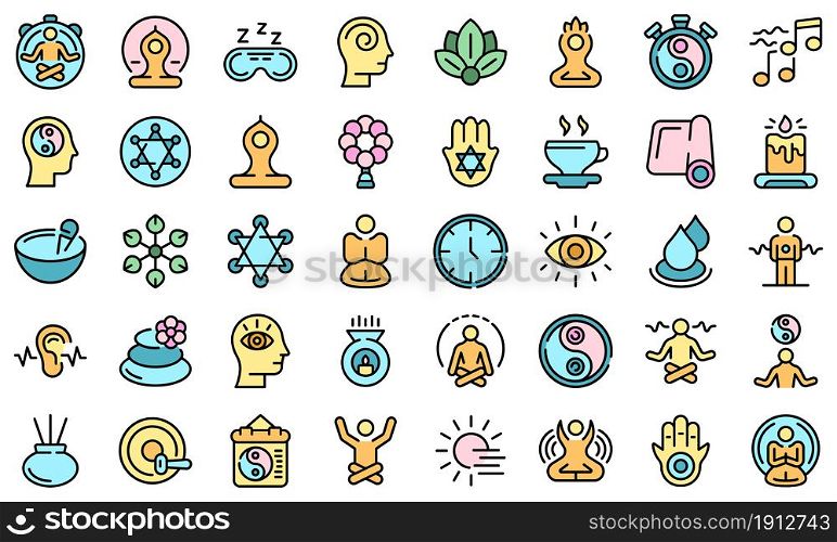 Spiritual practices icons set. Outline set of spiritual practices vector icons thin line color flat on white. Spiritual practices icons set vector flat