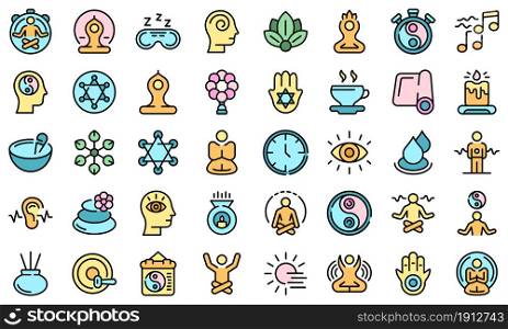 Spiritual practices icons set. Outline set of spiritual practices vector icons thin line color flat on white. Spiritual practices icons set vector flat