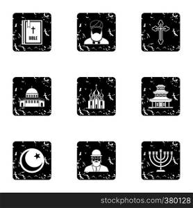 Spirituality icons set. Grunge illustration of 9 spirituality vector icons for web. Spirituality icons set, grunge style