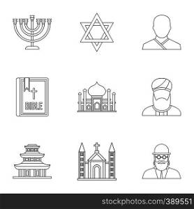 Spirituality icons set. Outline illustration of 9 spirituality vector icons for web. Spirituality icons set, outline style