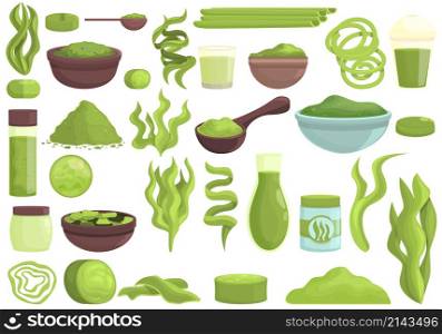 Spirulina icons set cartoon vector. Plant seaweed. Aqua algae. Spirulina icons set cartoon vector. Plant seaweed
