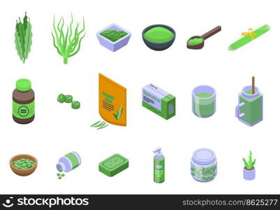 Spirulina icons set isometric vector. Plant seaweed. Aqua algae. Spirulina icons set isometric vector. Plant seaweed