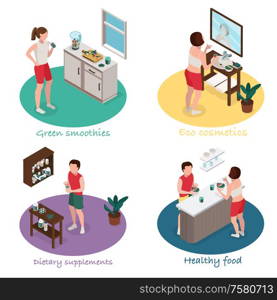 Spirulina isometric 4x1 set of compositions with editable text and people using cyanobacteria containing products vector illustration