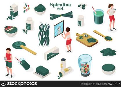 Spirulina isometric set with isolated human characters and images of nutritional supplements and bacterium containing goods vector illustration
