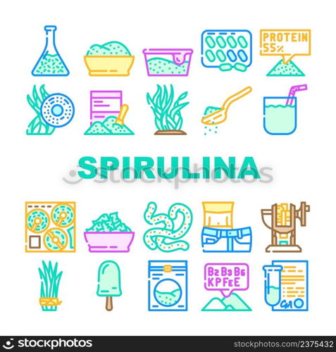 Spirulina Nutrition Ingredient Icons Set Vector. Spirulina Natural Ice Cream Food And Vitamin Healthcare Drink, Seaweed And Algae Plant For Prepare Tablets Drug And Powder Color Illustrations. Spirulina Nutrition Ingredient Icons Set Vector