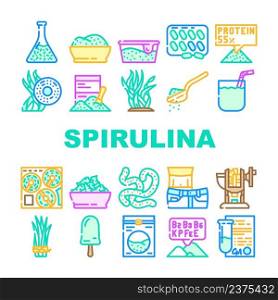 Spirulina Nutrition Ingredient Icons Set Vector. Spirulina Natural Ice Cream Food And Vitamin Healthcare Drink, Seaweed And Algae Plant For Prepare Tablets Drug And Powder Color Illustrations. Spirulina Nutrition Ingredient Icons Set Vector
