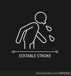 Spit white linear icon for dark theme. Rude, indecent behavior in public places. Spitting man. Thin line customizable illustration. Isolated vector contour symbol for night mode. Editable stroke. Spit white linear icon for dark theme