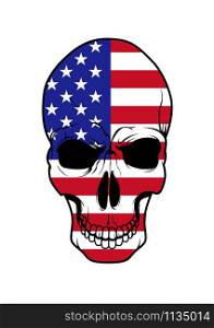 Spiteful USA flag skull cartoon symbol with face colored in national american stars and stripes pattern. Use as tattoo, t-shirt print or mascot design