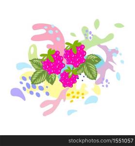 Splash and fall, movement of liquid, splashes of raspberry berries from juice and yogurt, drops and spots. Abstract vector illustrations