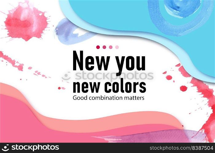 Splash color frame design with blue, pink watercolor illustration.  