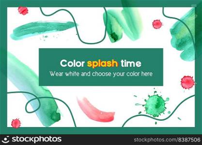 Splash color frame design with green, pink watercolor illustration.  