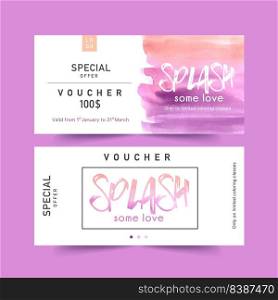 Splash color voucher design with pink watercolor illustration. 