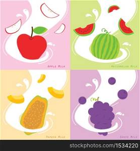Splash Healthy Drink with Milk fruit Apple Papaya Watermelon Grape Cartoon Vector