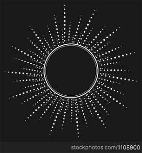 Splash of many circles, lines of circles diverge from the center, isolated on black background, empty center for an inscription or drawing